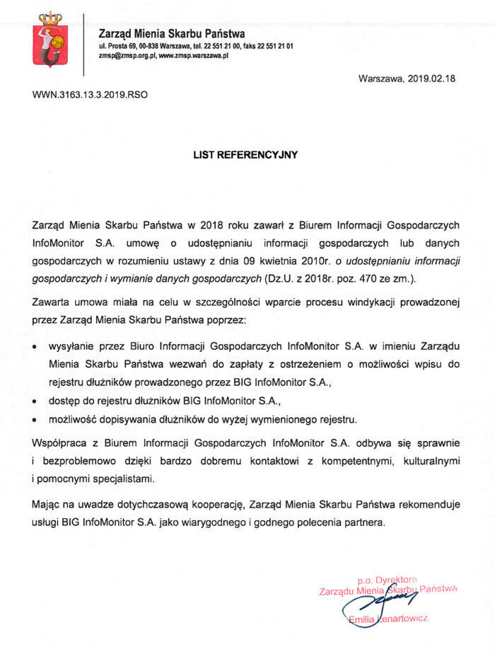 Zarząd Mienia Skarbu Państwa - list referencyjny